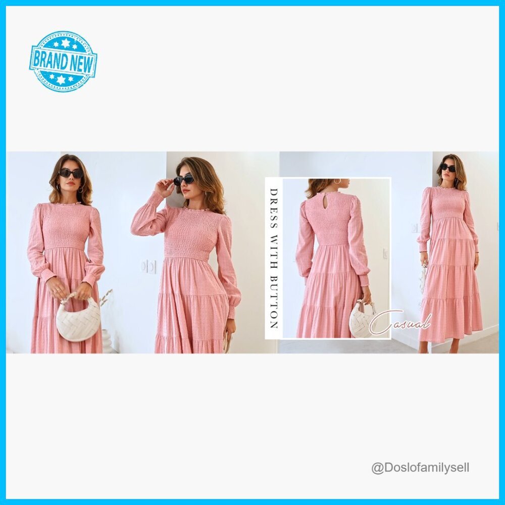 Elegant Swiss Dot Maxi Dress Smocked Waist Long Sleeve Formal Wedding Guest - Picture 7 of 7